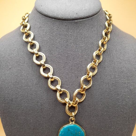 Chico's Gold Tone Chain Turquoise Pendant Necklace, Lucite Gold Accents, 22 Inch - Picture 5 of 9